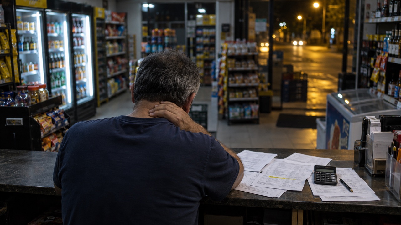Homem de costas atrás do balcão de uma loja de conveniência à noite, com a mão na nuca, diante de folhas impressas, uma calculadora e uma linha marcada em amarelo