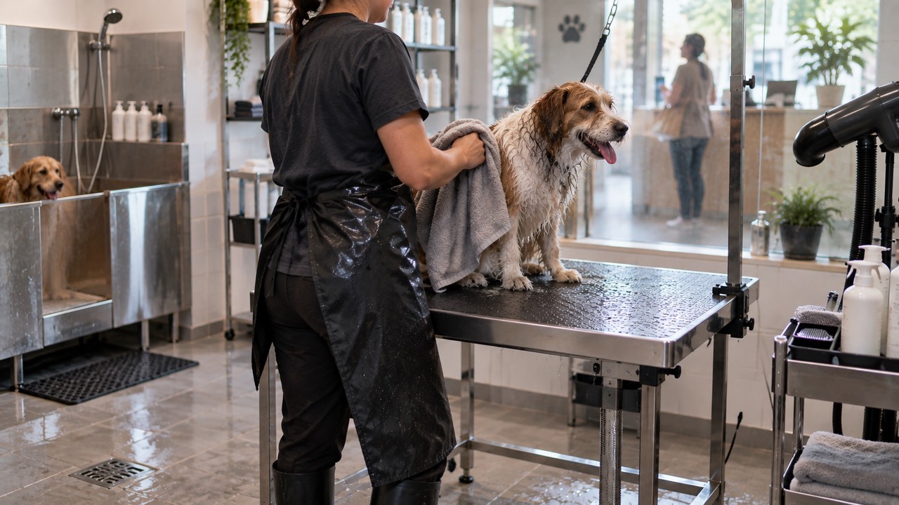 Sala de banho e tosa de um petshop, com a profissional de costas secando um cachorro molhado sobre a mesa de inox e uma cliente esperando na recepção, atrás do vidro