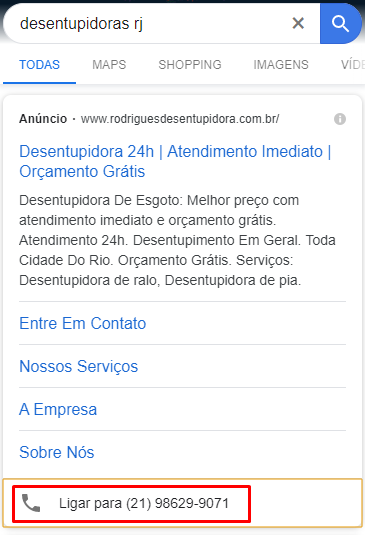 Example of a Google Ads call extension