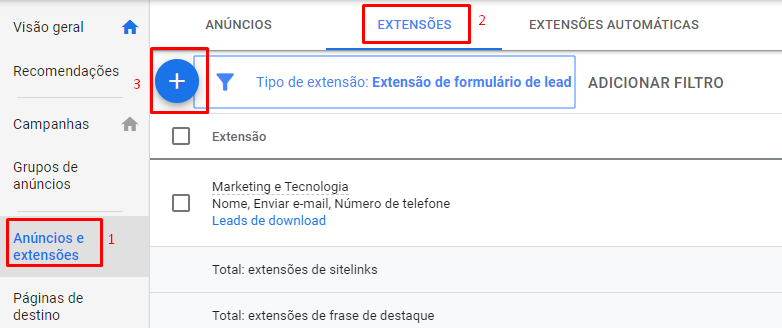 Extensão de Formulário do Google passo 1 - Lead Form Extension step 1