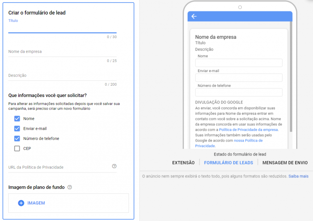 Extensão de Formulário do Google passo 3 - Lead Form Extension step 3