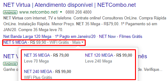 Example of a Google Ads price extension