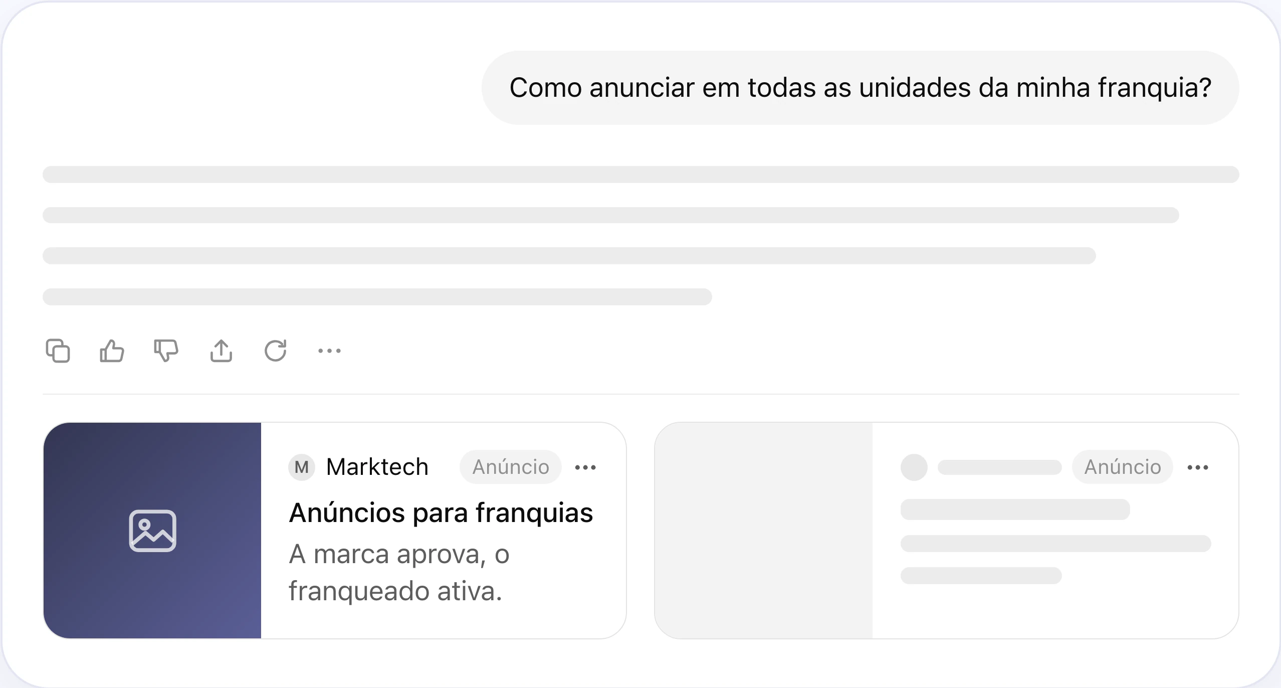 Prévia do visualizador da Marktech com dois cartões de anúncio lado a lado abaixo da resposta do ChatGPT, o da Marktech à esquerda e o de outro anunciante, em barras, à direita