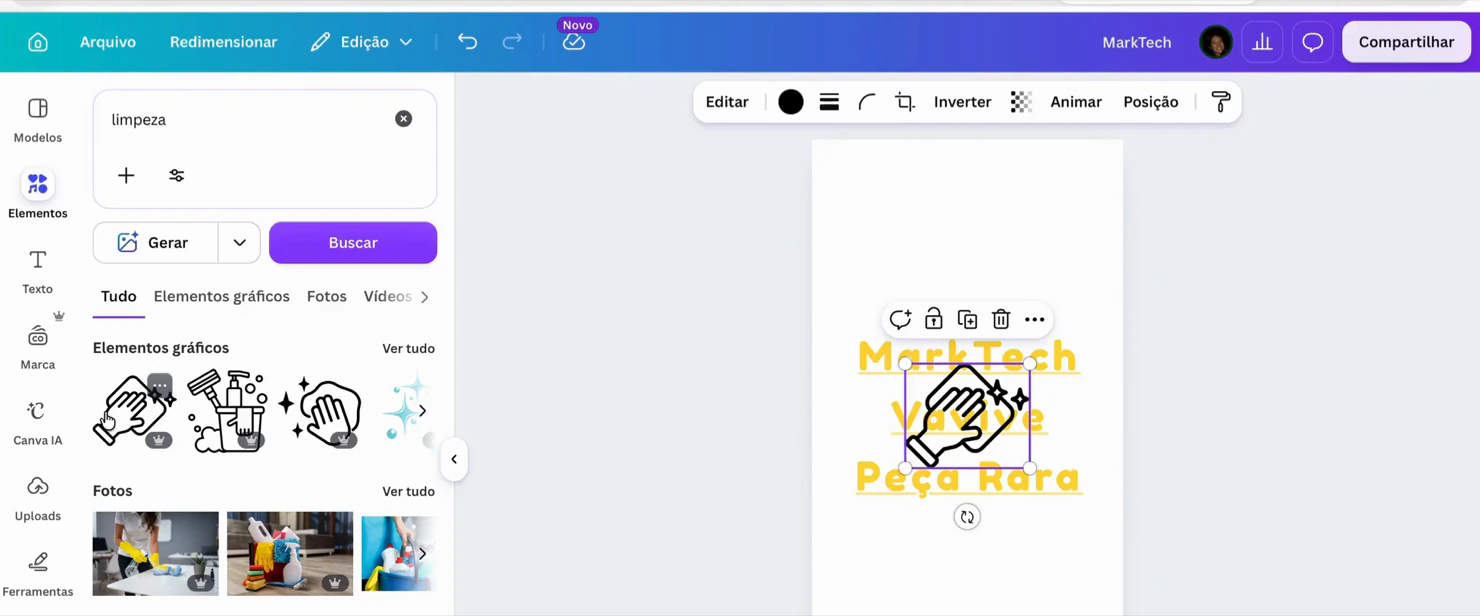 Menu Elementos do Canva aberto com a busca por limpeza, mostrando as abas Tudo, Elementos gráficos, Fotos e Vídeos com os resultados de cada uma