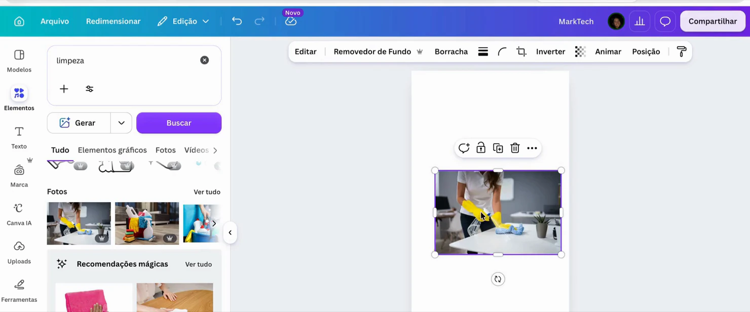 Foto do banco de imagens do Canva selecionada dentro do design, com a barra de ferramentas mostrando as opções de edição da imagem