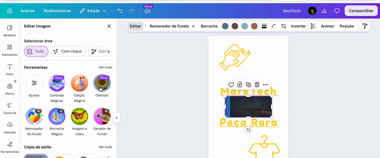 Painel Editar imagem do Canva na seção Ferramentas, com os botões Ajustar, Camadas Mágicas, Edição Mágica, Otimizar, Removedor de Fundo e Borracha Mágica