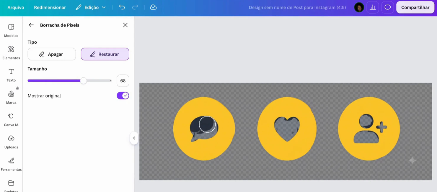 Painel Borracha de Pixels do Canva com os tipos Apagar e Restaurar, o controle de tamanho do pincel e a chave Mostrar original, sobre uma imagem com o fundo já transparente