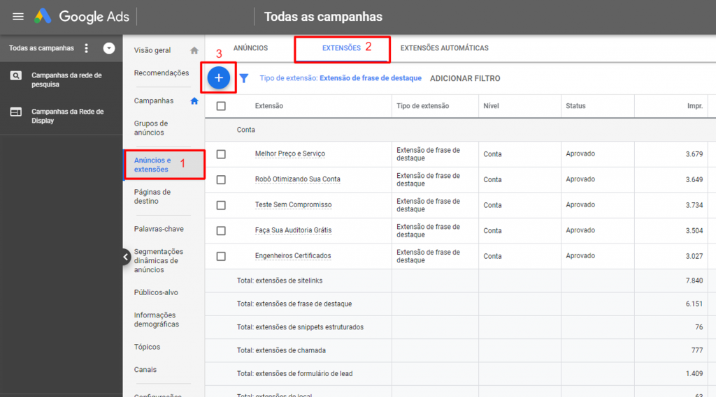 configurar extensão de frases de destaque do google ads 1