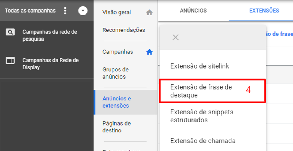 configurar extensão de frases de destaque do google ads 2