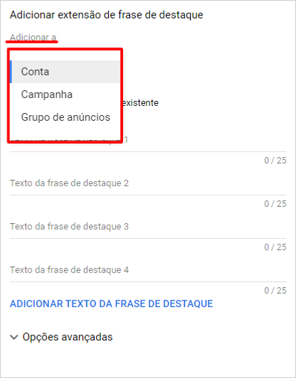 configurar extensão de frases de destaque do google ads 3