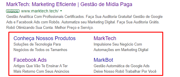 Example of a Google Ads sitelink extension