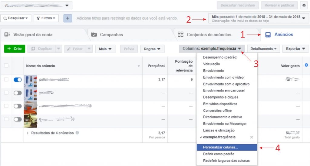 exemplo para explicação sobre a frequência de anúncios do facebook